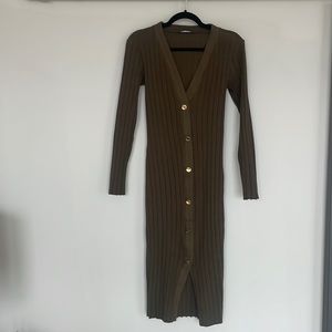 ZARA army green midi sweater dress with gold buttons